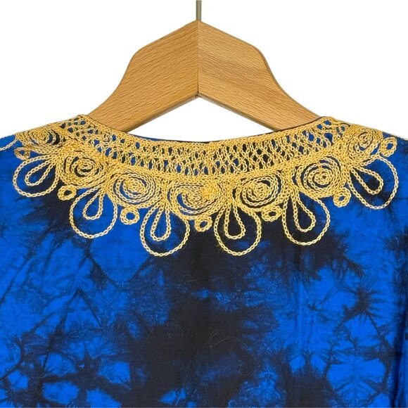 Handmade African Dashiki Shirt Small Blue Batik Tie Dye Gold Embroidered Pockets - Picture 7 of 9
